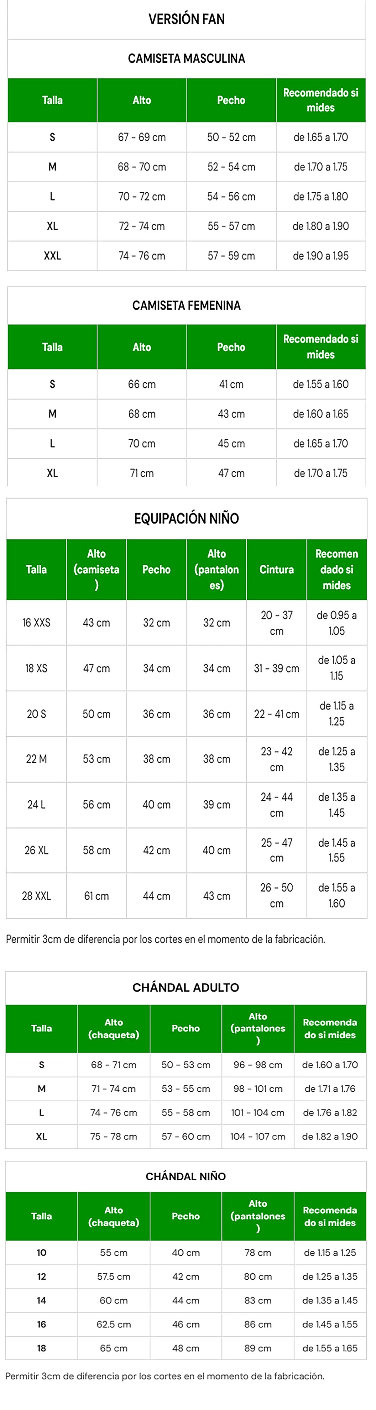 Guía de tallas QiuDanXuan para camisetas y chándales